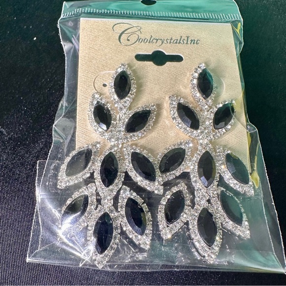 Black Marquise Crystal Chandelier Earrings | Silver Tone Statement Bridal - Picture 8 of 9